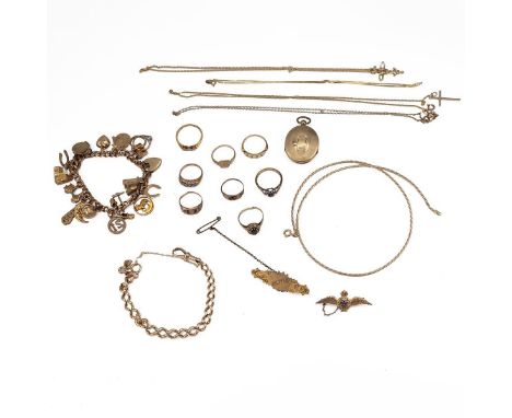 An assortment of 9ct gold jewellery to include a charm bracelet, necklaces, bracelet, five rings etc. total weight 72.89 gram