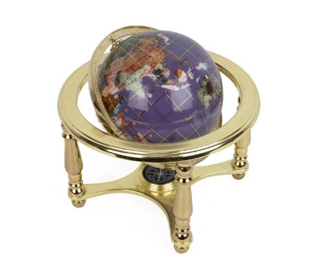 Small 15cm gemstone globe, gilt metal base, c2010. Diameter base 24cm, total height 24cm.