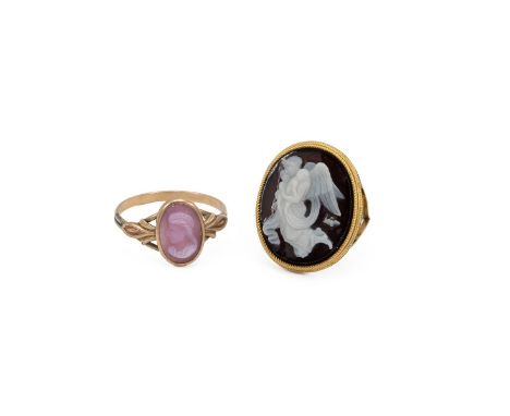 A fine 14ct stamped finely detailed cameo ring, depicting an angel with children, size K, weight 5.6 grams; and a yellow meta