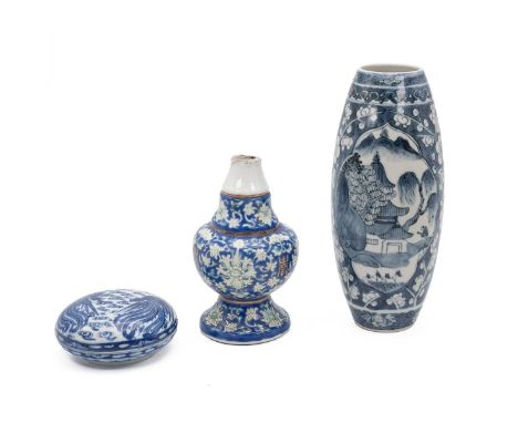 Chinese blue and white porcelain to include: a vase, base mark 'Daqing Yongzheng Nianzhi'; a vase, base mark 'Daqing Kangxi N