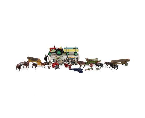 Vintage toys including lead Britains farming set, boxed Zetor Tractor and trailer and lead articulated Charlie Chaplin figure