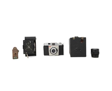 Vintage cameras: Bakelite Coronet Midget in leather case; No2 Brownie box camera; and two Kodak cameras in leather case. (4)