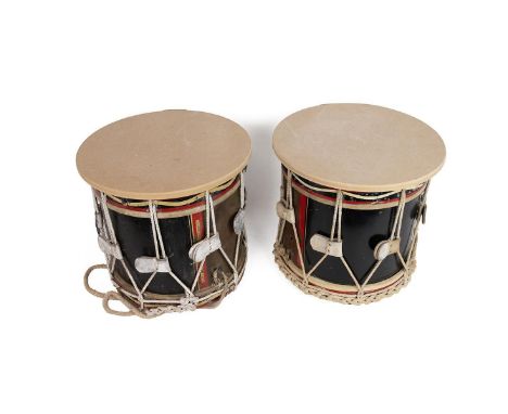 Two vintage Military strung drums, Henry Potter &amp; Co. Wood and brass with polychrome detailing. Each has a slightly overs
