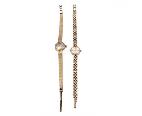 9ct gold ladies Tissot watch and strap, 17mm case, silvered dial; also a 9ct gold ladies Rotary Elite watch and strap, silver