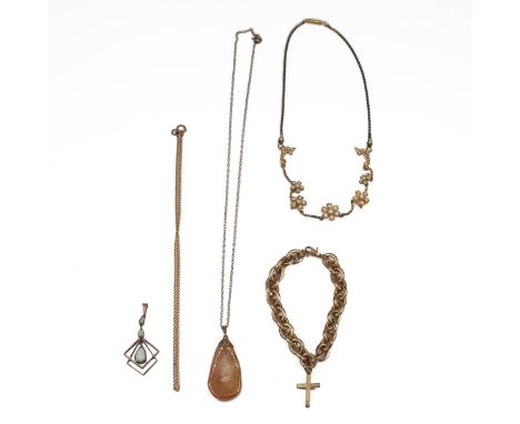 A 14ct gold tested flower Pearl Necklace, a 9ct gold tested Opal drop pendant and a 9ct gold chain tested. Together with a li