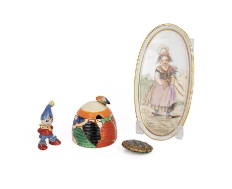 Clarice Cliff for Newport Pottery Bizarre Fantasque lidded preserve jar with bee knop, together with a Wade Noddy figurine, a