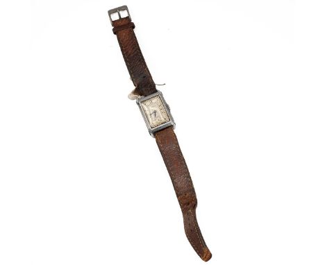 Art Deco Omega Tank Watch, 23x35mm stainless steel case, manual wind, silvered dial, subsidiary seconds dial, leather strap.