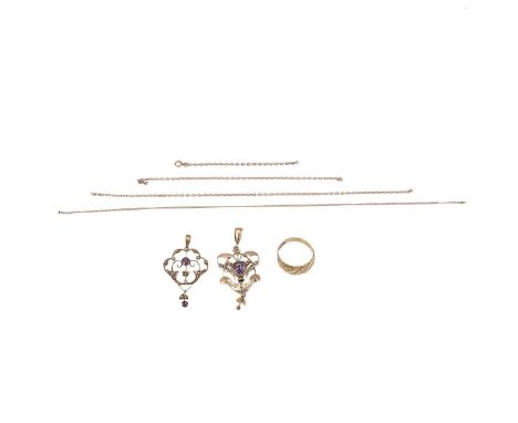 Two Art Nouveau Amethyst and seed pearl drop pendants hallmarked 9ct weight 4.2 grams and a 9ct gold hallmarked ring weight 4
