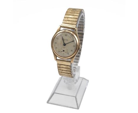 Vintage gents 9ct gold Buren Grand Prix wristwatch, c1951. Manual wind, 30mm case with two tone silvered dial, Arabic numeral
