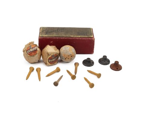 Sporting interest- Three vintage Dunlop Maxfli Lattice golf balls, boxed and two balls in wrappers, with wooden tees, c1920s.