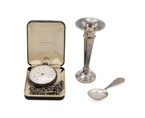 A Continental silver Chronograph pocket watch stamped 800 and an Albert silver Chain, silver caddy spoon &amp; a silver bud v