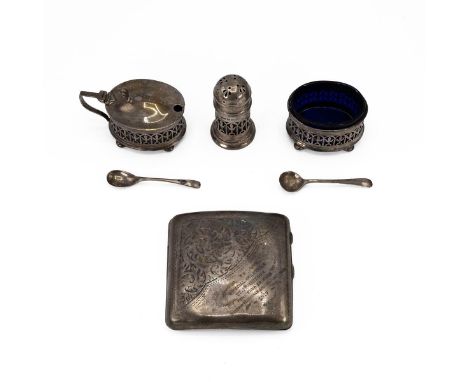 Silver cigarette case hallmarked Birmingham 1915 with engraved decoration and a boxed three piece cruet set with blue glass l