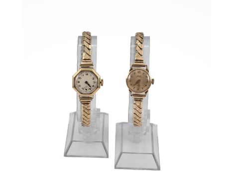 Two 9ct ladies cocktail watches with rolled gold expandable straps. One 20mm octagonal case, silvered dial, manual wind with 