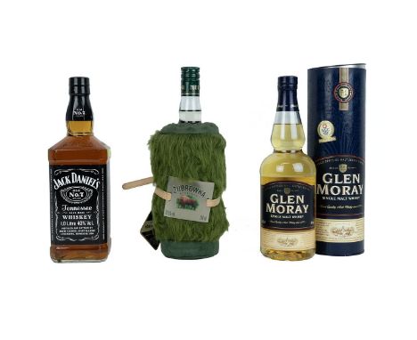 Spirits to include: Glen Moray single malt, 70cl 40% alc/vol, mid neck, capsule intact, label good in cardboard carton; Zubro