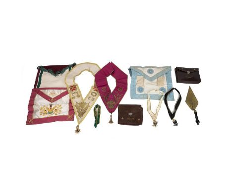 Collection of Masonic regalia. Including Rose Croix 31st and 18th Degree collars, smaller collars, trowel, Royal Order of Sco