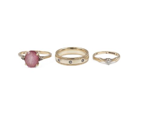Three 9ct gold hallmarked rings, a band set with three diamonds, a solitaire diamond ring and one other total weight 8.3 gram