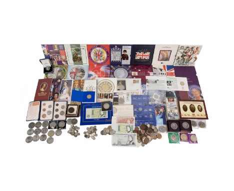 Coins and banknotes to include pre-1920 and pre-1947 silver coinage, a Thaler, silver proof £1, BU coins and sets, 1921 Morga