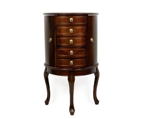 Demi Lune drum mahogany jewellery Cabinet, the rising mirrored backed lid enclosing a fitted ring compartment above a dummy d