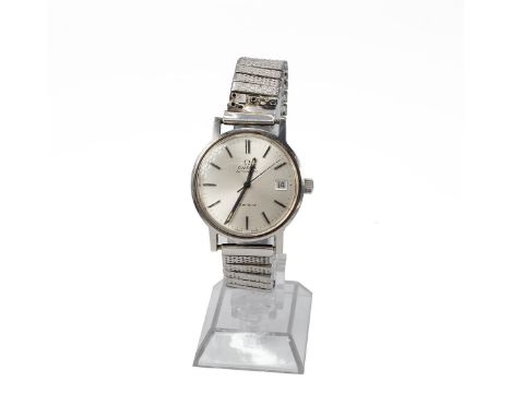 Vintage gents Omega automatic wristwatch, 34mm stainless steel case, brushed steel dial, date aperture at 3, baton hour marke