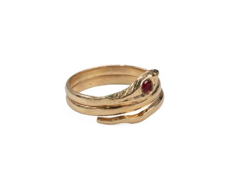 18ct gold ring in the form of a snake set with a ruby to the eye stamped 750 weight 1.9 grams size F.