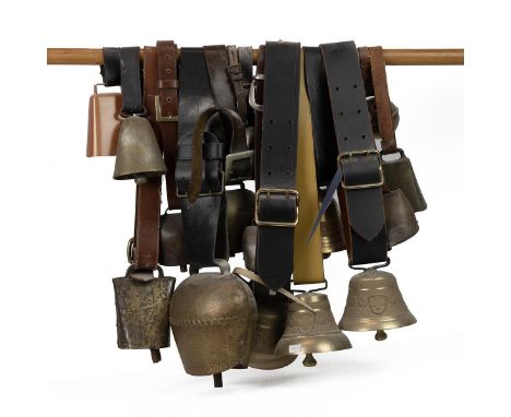 Collection of 15 vintage cowbells. Includes American, English, Italian and Swiss examples. Brass or steel bells with leather 
