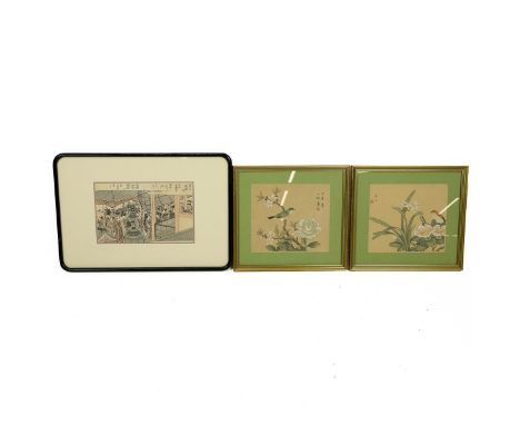 Three vintage Oriental pictures, framed. Japanese block print by Toyohiro (1773-1828), reprinted 1917, wedding party, W 47cm 