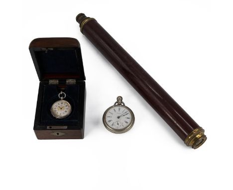 White fine silver pocket watch and fob chain in case, a Waltham silver plated pocket watch and a single draw mahogany cased t