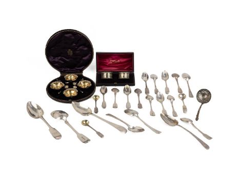 Sterling silver flatware, napkin rings, salts and a Georgian spoon, 774 grams.