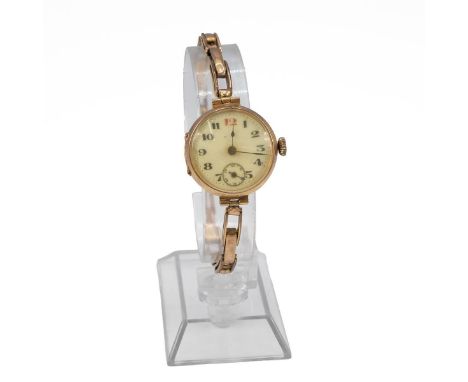 Vintage 9ct gold watch &amp; strap, c1920s. Manual wind, 24mm case, white dial with Arabic numerals and subsidiary seconds di