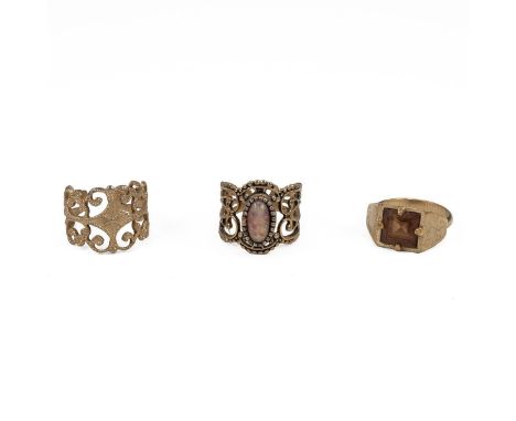 Two vintage ring boxes and a vintage bangle box, together with three rings two stamped Coventry.