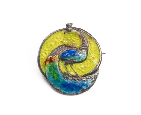 James Fenton silver enamel brooch depicting a peacock hallmarked Birmingham 1908