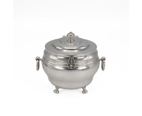 Silver twin ring handled sweet meat box raised on bun feet with button clasp, hallmarked Sheffield 1914 maker James Dixon and
