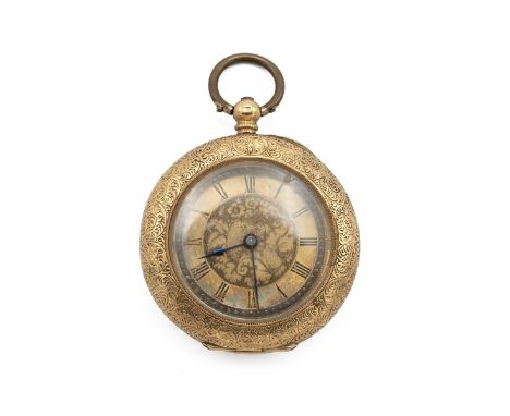 18CT&nbsp; gold lady's half hunter pocket watch, the face within an engine turned border, the centre with floral and foliage 