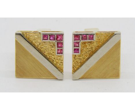 Pair of vintage 18ct ruby set cufflinks of square form with textured finish, 1.5 x 1.5cm approx, 16.5g 