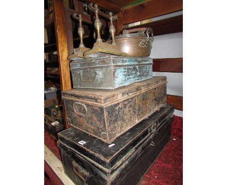 A miscellaneous collection of items including, a black tin trunk initialled EW, two further metal strong boxes, a jardinière,
