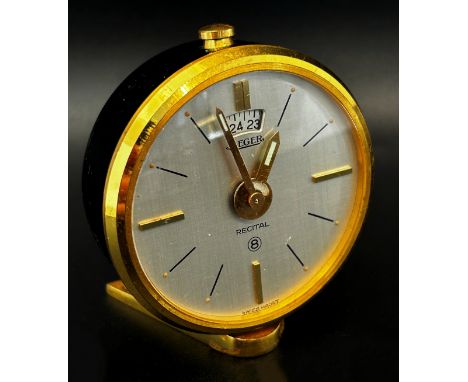 Jaeger-LeCoultre, a Recital 8-day alarm travel clock,  calendar aperture and within a gilt casing and leather carrying case, 