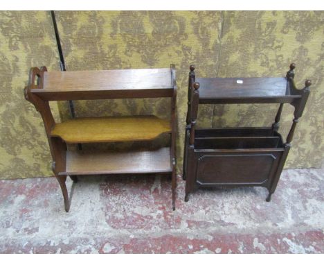 An arts and crafts style three tier floor standing book stand/trough raised on shaped and pierced supports, one other and a 1