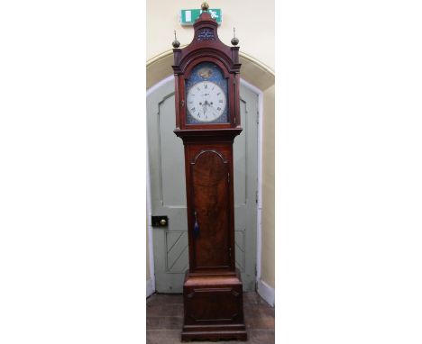 A Georgian mahogany longcase clock the trunk with full length door the arched hood with pagoda canopy enclosing a broken arch