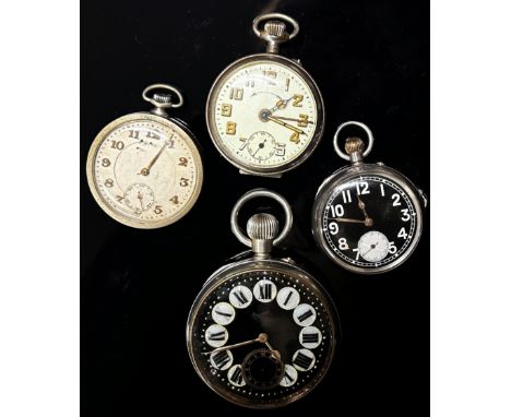 A large continental fob / pocket watch with silver plate case work, black dial with opalescent set Roman numerals and subsidi