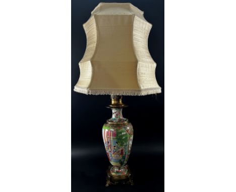 A good 19th century Cantonese porcelain vase, later adapted as a table lamp decorated with character and terrace scenes with 