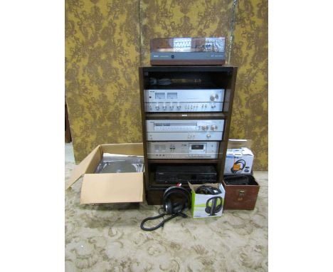 A collection of vintage electronic ware including a Philips stereo tuner number 186, a Philips cassette deck no N2543, a Phil
