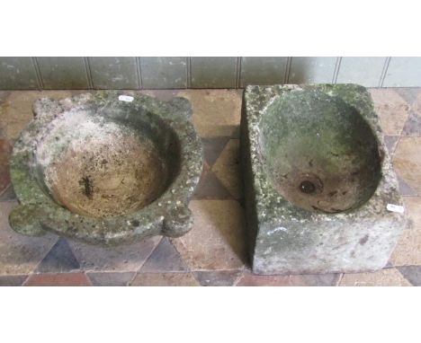 A small weathered rectangular marble sink 16 cm high x 30 cm long x 23 cm wide, together with a further weathered marble mort