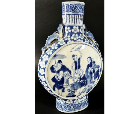 A 19th century Chinese blue &amp; white porcelain moon flask with character detail with prunus blossom borders 