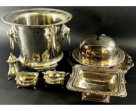 A Vintage Georgian style silver plated ice bucket with lion mask handles, a silver plated three piece muffin dish, a small tr