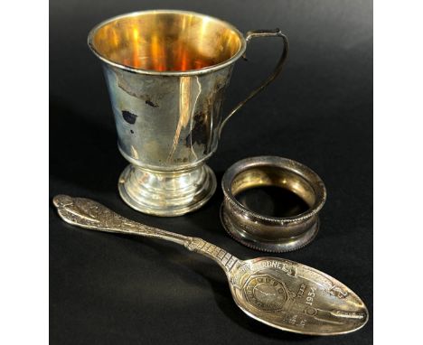 A silver Christening cup, a presentation spoon and a napkin ring, 3.7 oz (3) 