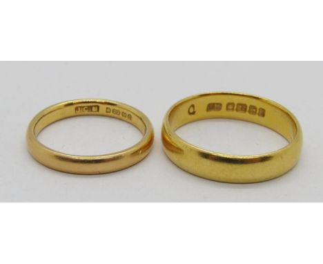 Two 22ct wedding rings, sizes K &amp; P/Q, 8.2g total 