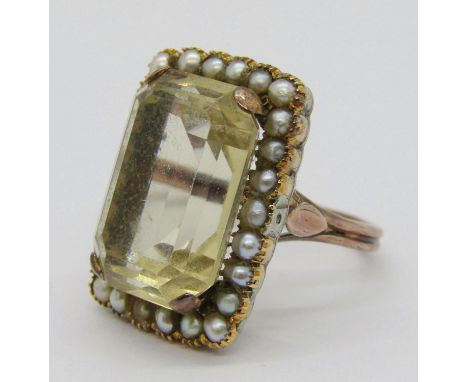 Yellow metal citrine and pearl dress ring, refashioned from an antique brooch, size O, 10.5g 
