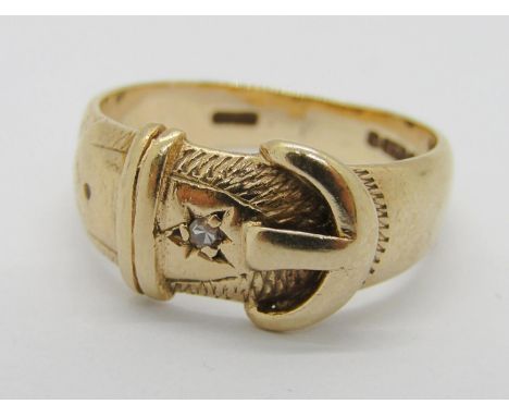 9ct diamond set buckle ring, maker Addis &amp; Co, London 1963, size R/S, 5.4g 