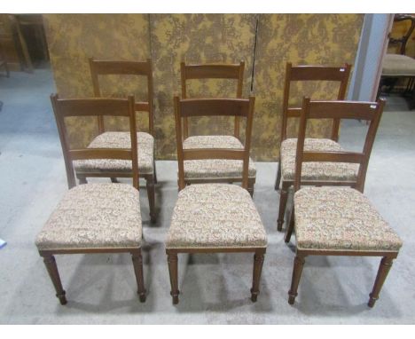 Set of six mahogany bar back dining chairs by Maple &amp; Co with upholstered seats raised on ring turned and tapered foreleg