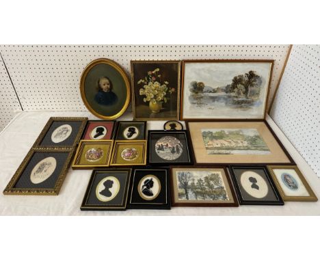 A group of paintings and prints, to include: late 19th century oval portrait of a young girl, oil on board, 18 x 24 cm; River